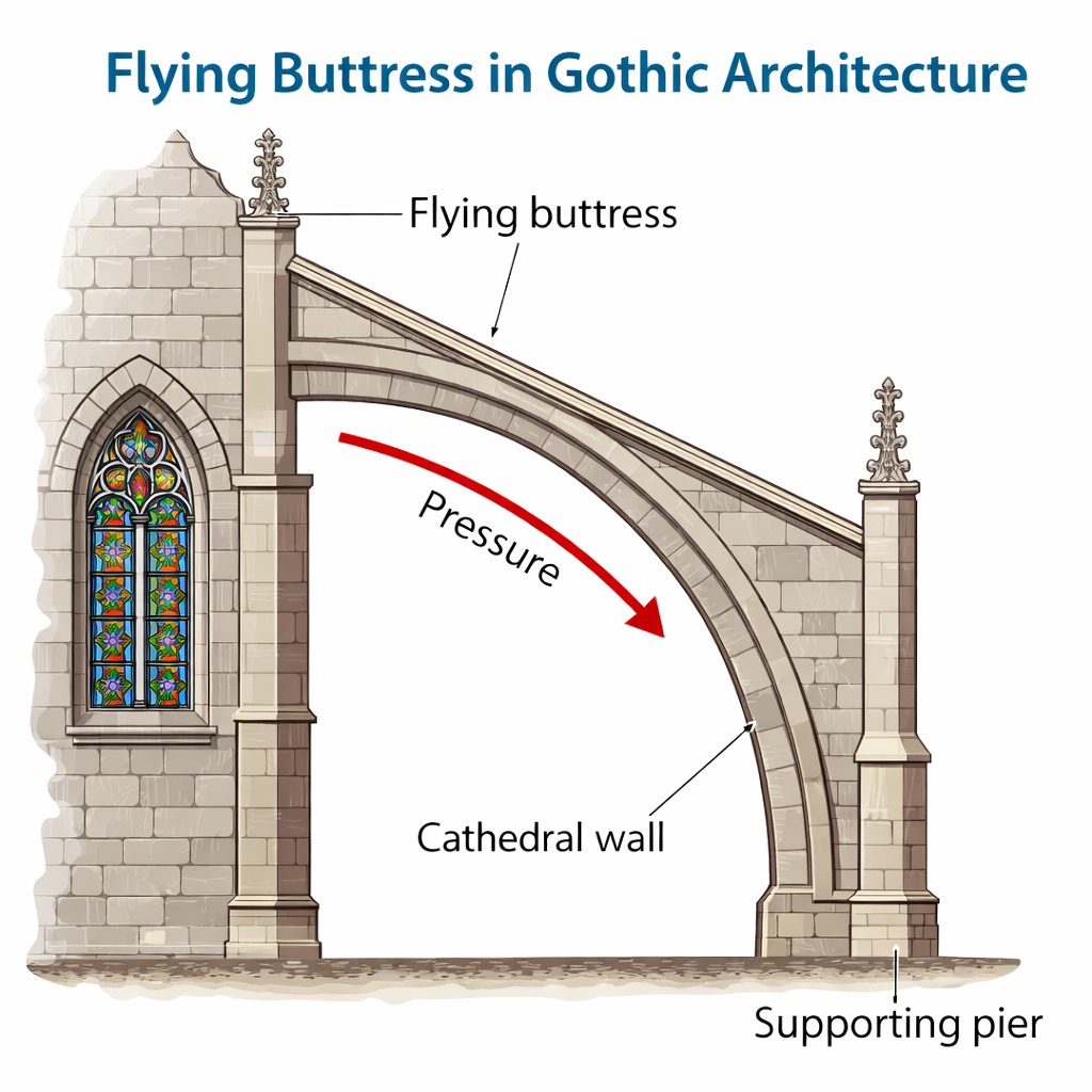 Diagram of a cathedral wall with a stained-glass window, showing a flying buttress arching from the wall to a supporting pier, with arrows indicating the direction of pressure. Labels identify each architectural element.