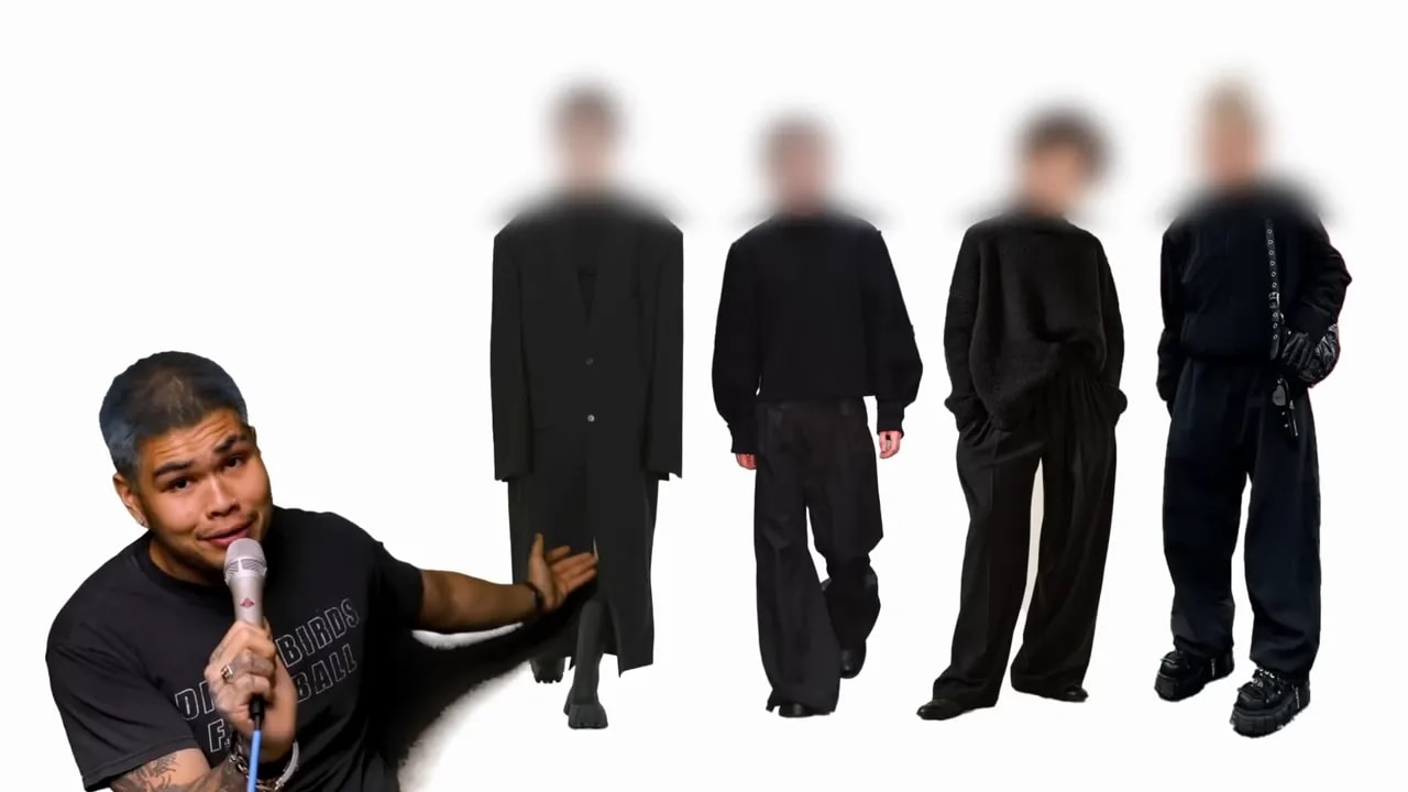 Presenter pointing at four full-body all-black outfit examples on a white background, showing different silhouettes and shoe details