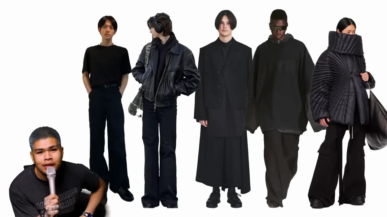 Five models wearing varied all-black outfits on a white background with a small speaker image in the lower left