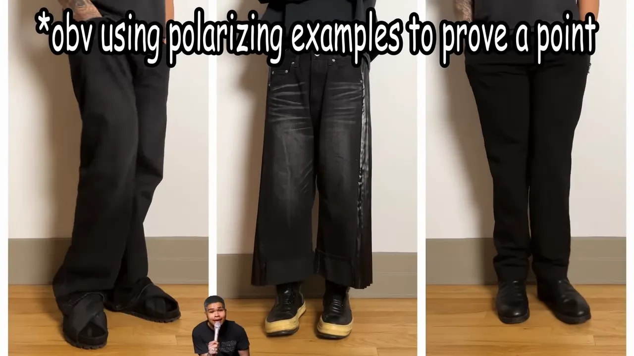 Three vertical panels showing three black pant styles and shoes — matte, glossy/creased, and polished leather — demonstrating texture and tonal variation.