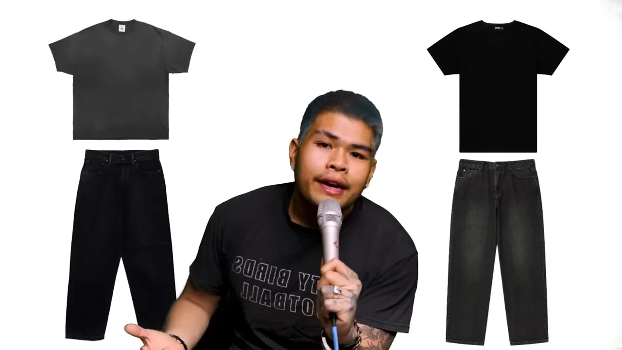 Graphic comparison: left faded charcoal t-shirt with black jeans and right true black t-shirt with washed black jeans, presenter in front