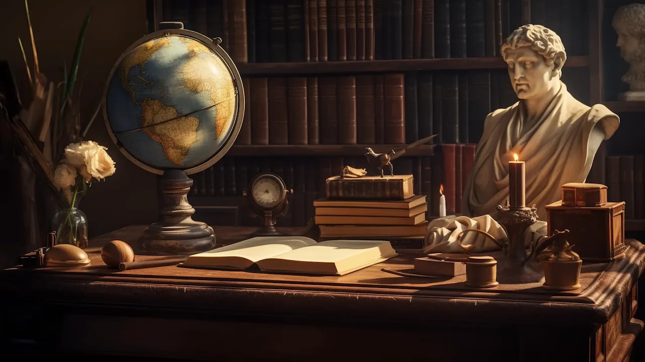 Dark-academia accessories vignette with globe, classical bust, stacked books, candle and open book