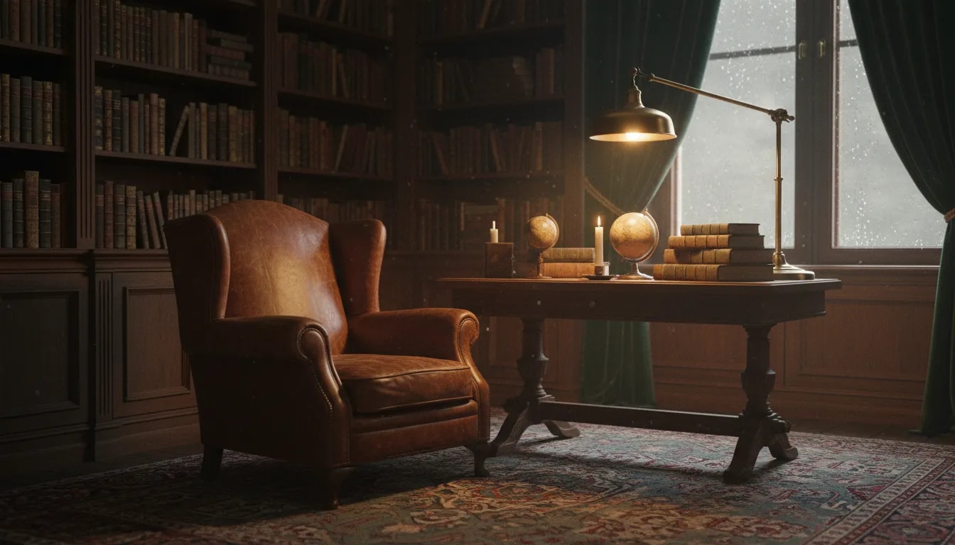 Moody dark academia study with leather armchair, floor-to-ceiling bookshelves, brass lamp, Persian rug, and warm layered lighting