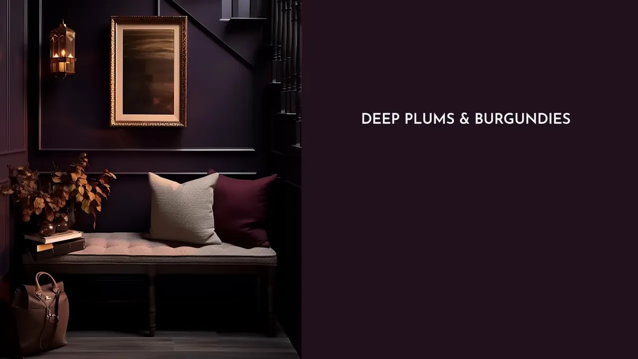 Cozy bench alcove with deep plum walls, burgundy cushion, brass lantern and framed art illustrating deep plums and burgundies palette