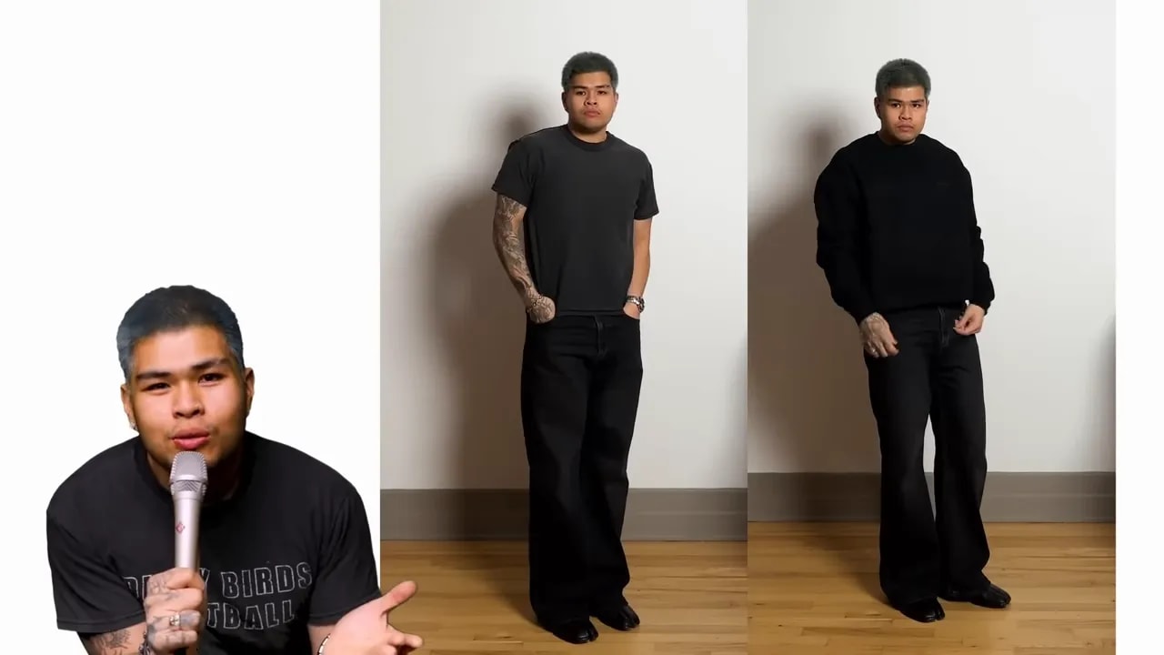 Presenter on the left with two clear full‑length models on the right: one wearing a fitted black tee and relaxed trousers, the other wearing a layered black sweater and relaxed trousers.