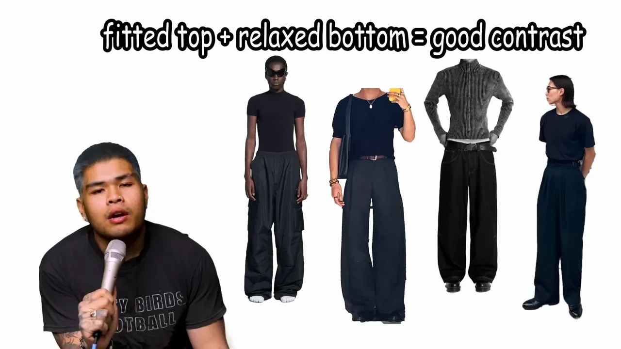 Presenter beside four full-body all-black outfit examples on a white background showing fitted tops with relaxed bottoms and different silhouettes