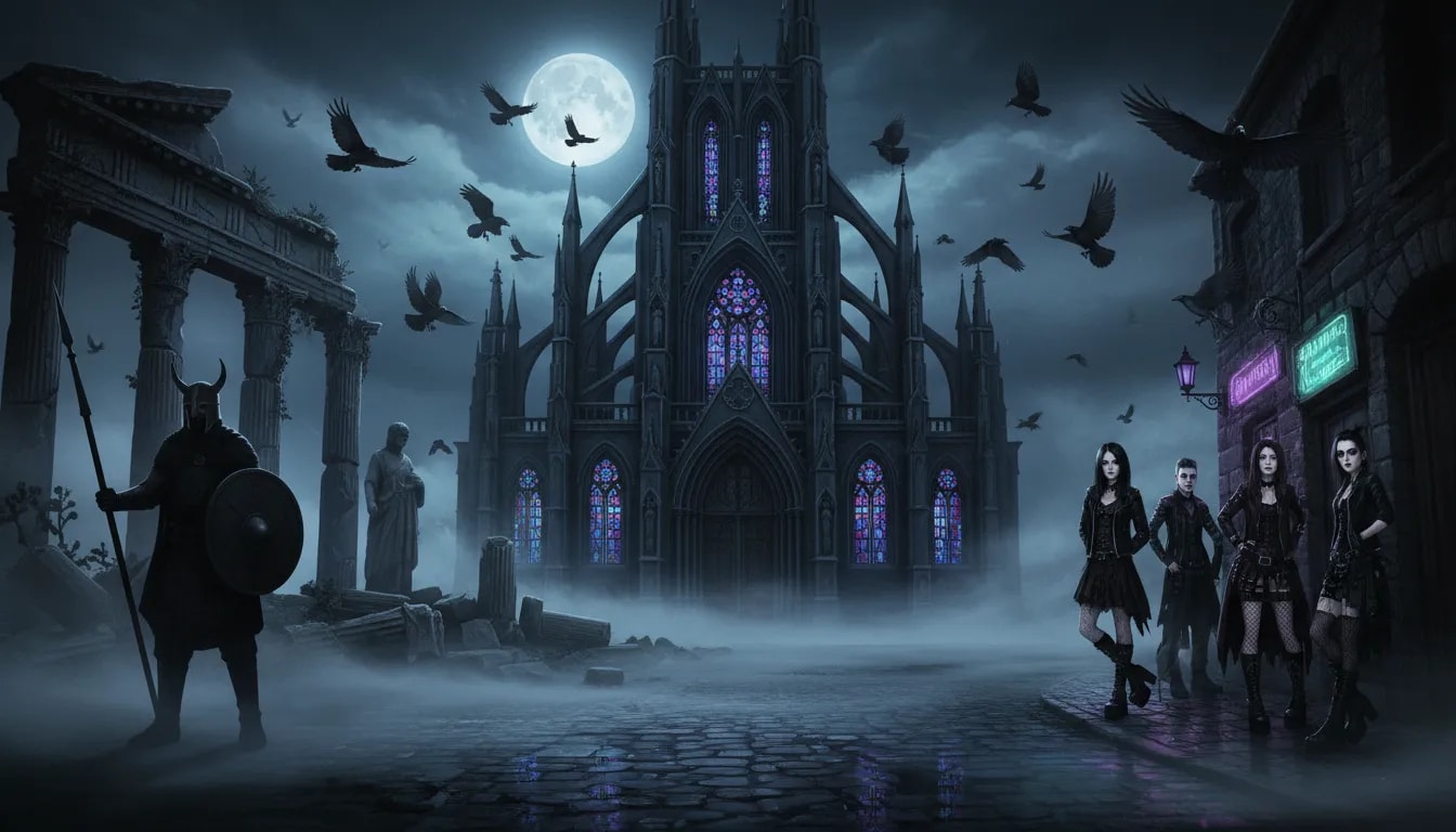 Composite scene merging an ancient Gothic warrior silhouette, a moonlit medieval Gothic cathedral, and modern goth people in dark fashion, connected by ravens and fog