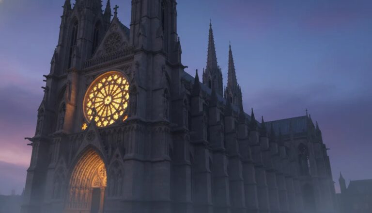 Gothic cathedral exterior at dusk showing pointed arches, rose window, flying buttresses, spires and ornate stone tracery