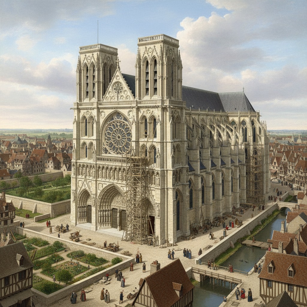 A large Gothic cathedral with twin towers and a rose window stands amid a medieval town. Scaffolding covers part of the facade, indicating ongoing construction, while people walk nearby and gardens surround the building.