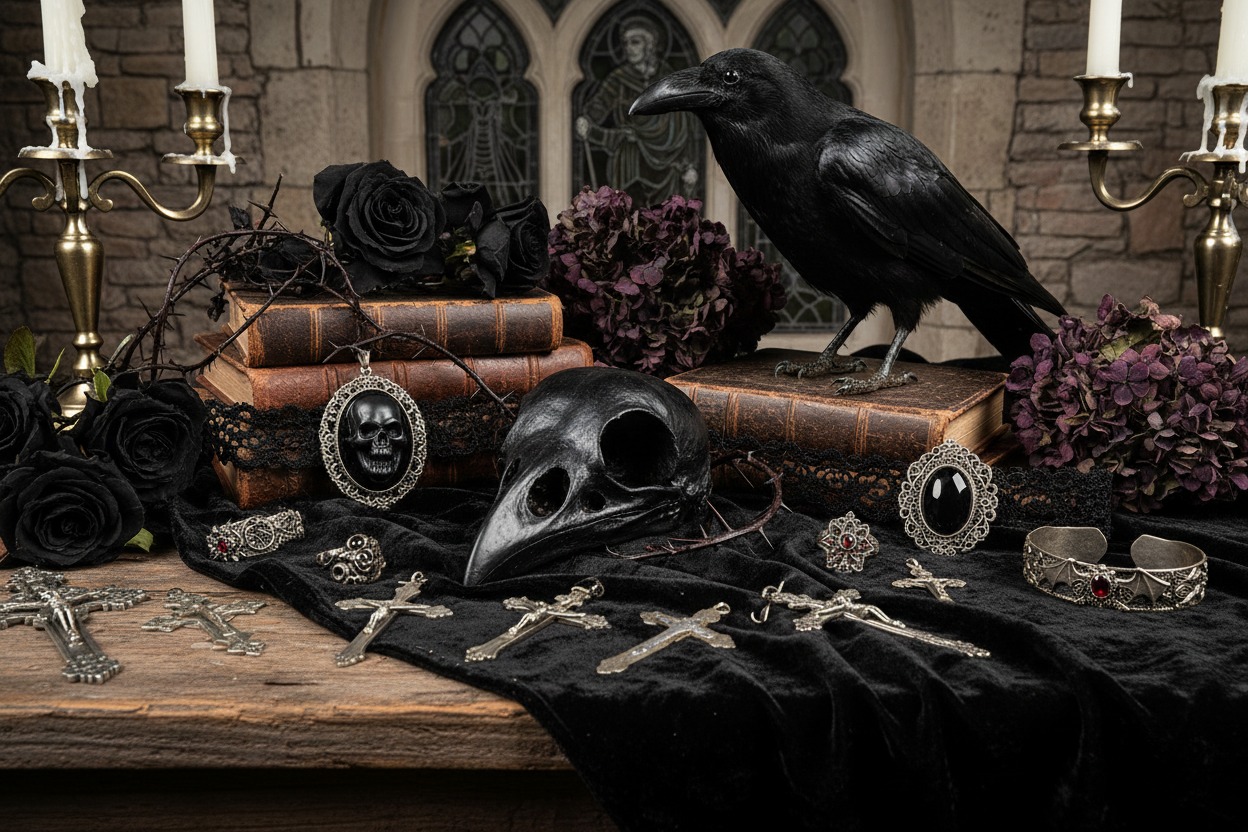 A gothic display features a black raven, a large bird skull, antique books, black roses, jewelry, silver crosses, and candelabras, set against a stone wall with arched stained glass windows in the background.