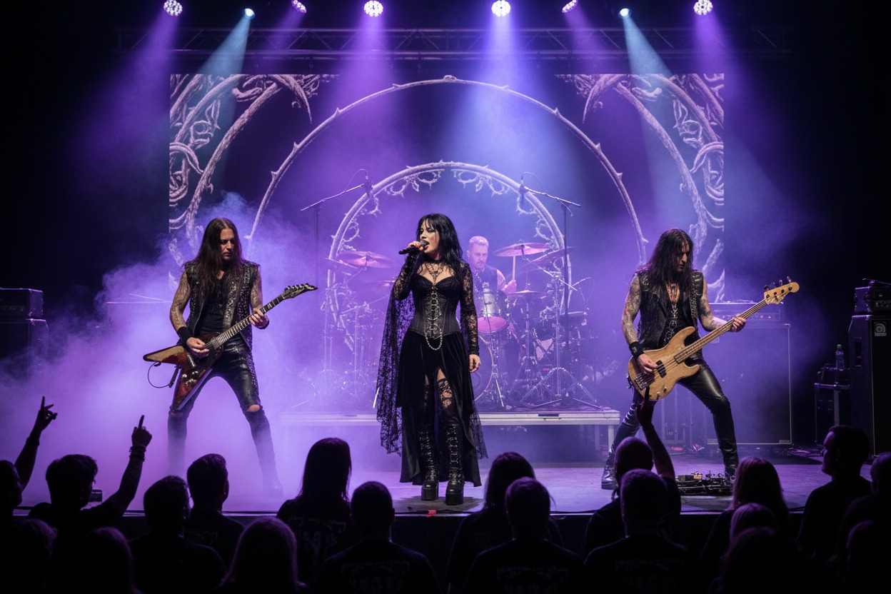 A rock band performs on stage with purple lighting and smoke. The female lead singer stands at the center, flanked by two guitarists, with a drummer in the back. The crowd watches from the foreground.