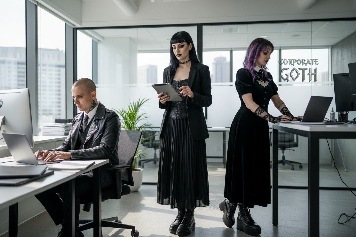 Three people in goth attire work in a modern office. One sits at a computer, another stands using a tablet, and the third works at a laptop. Large windows show a cityscape. A "Corporate Goth" sign is visible on the glass.