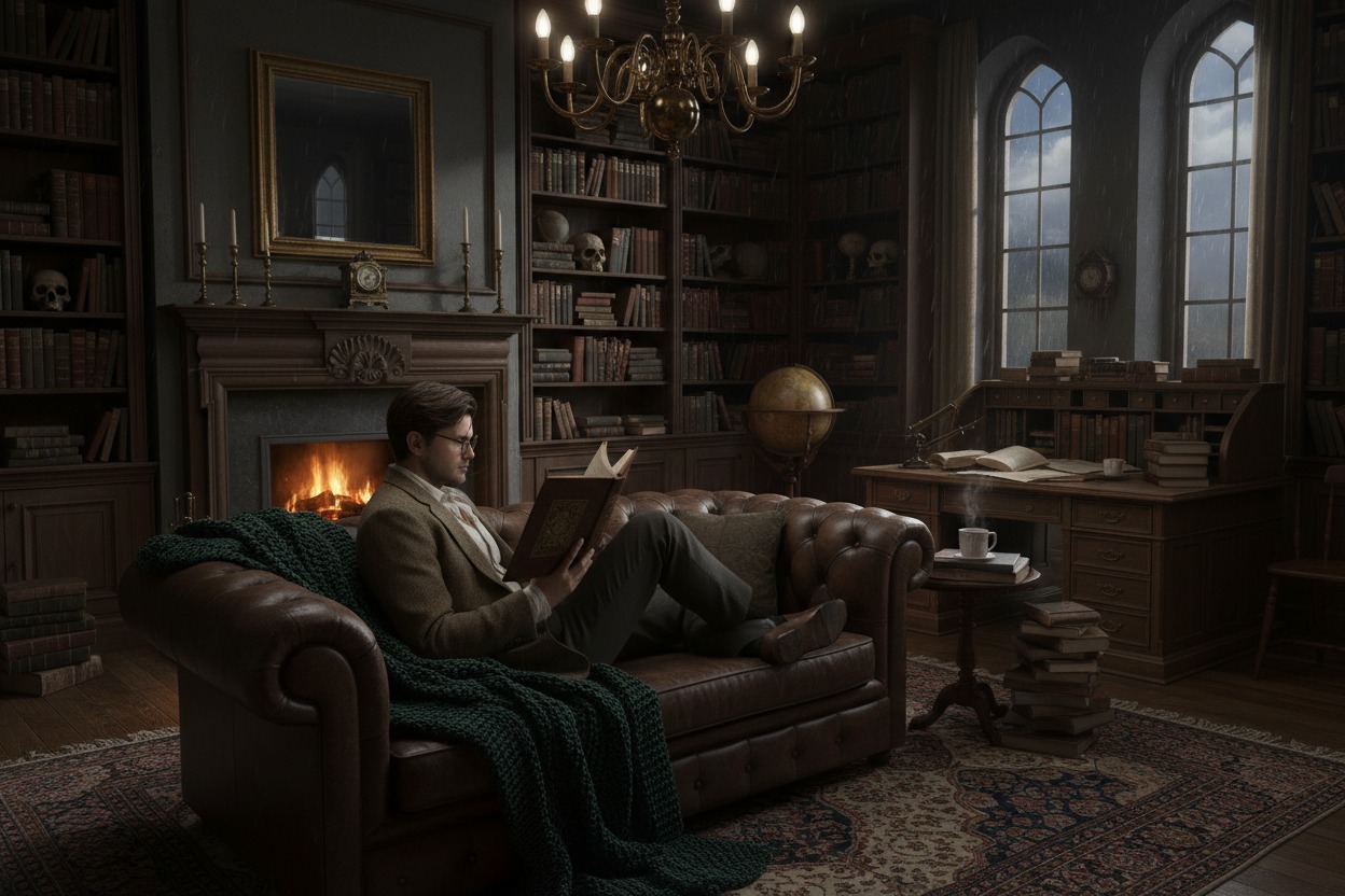 A man sits on a leather sofa reading a book in a cozy, dimly lit library with a fireplace, bookshelves, a globe, and arched windows showing rain outside. There’s a cup on a table and a stack of books nearby.