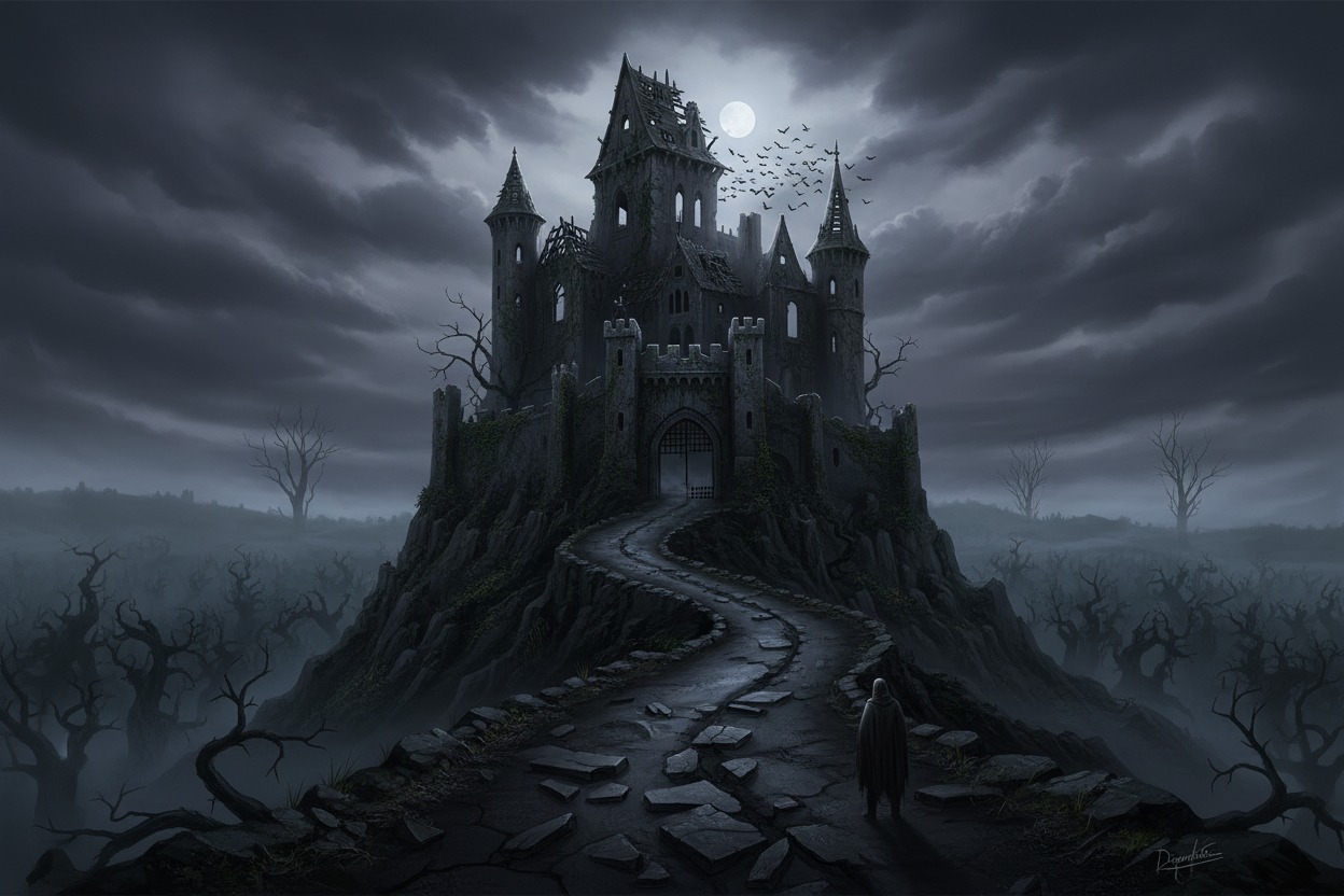 A dark, ominous castle sits atop a rocky hill under a full moon, surrounded by leafless trees and swirling clouds. A lone figure in a cloak walks up a winding, stone path toward the castle gates.