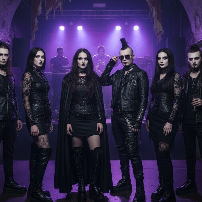 A group of seven people dressed in gothic and punk-inspired black outfits pose confidently on a stage with purple lighting and band equipment in the background.