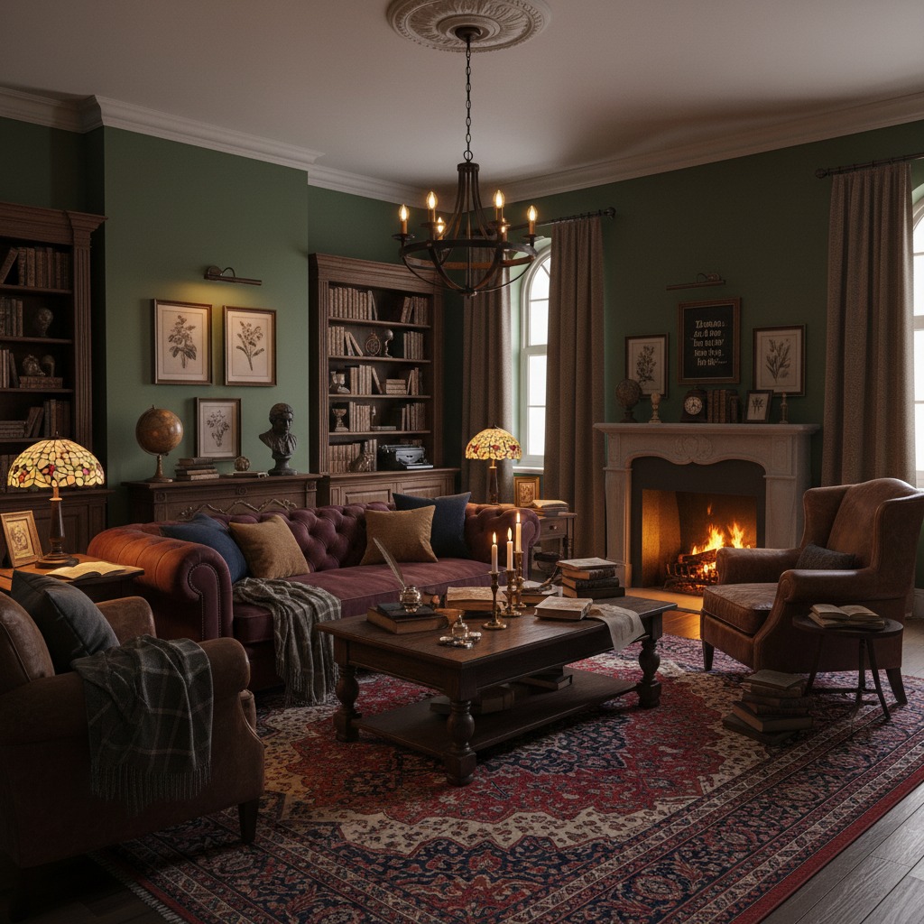 A cozy, vintage-style living room with green walls, a fireplace, plush sofas, armchairs, a wooden coffee table with candles, bookshelves, and warm lighting from lamps and a chandelier.