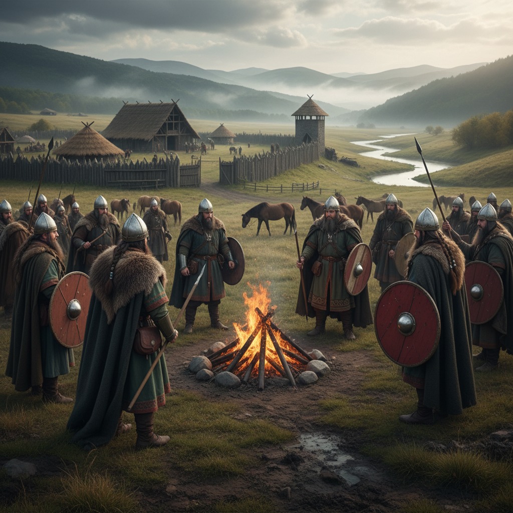 A group of medieval warriors in armor and cloaks stand around a campfire on a grassy field, with horses, wooden houses, a palisade, and rolling hills in the background under a cloudy sky.
