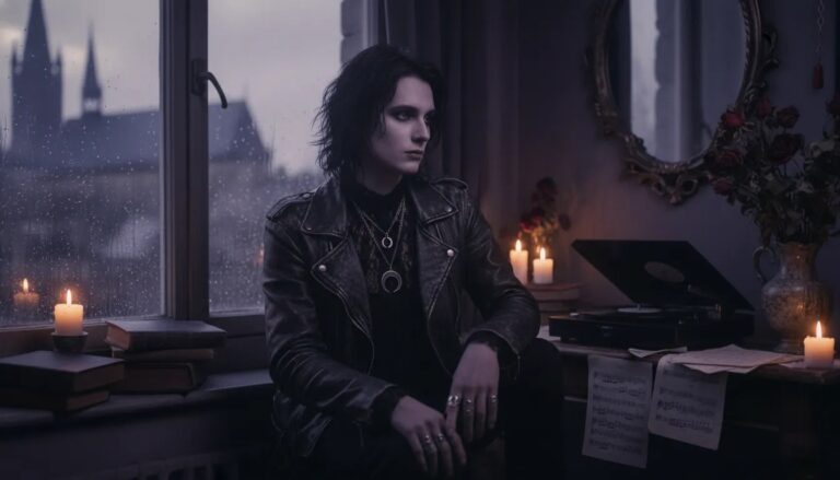 Thoughtful goth person in a dim room with vintage books, vinyl records, candles, and a rain-streaked window overlooking gothic spires