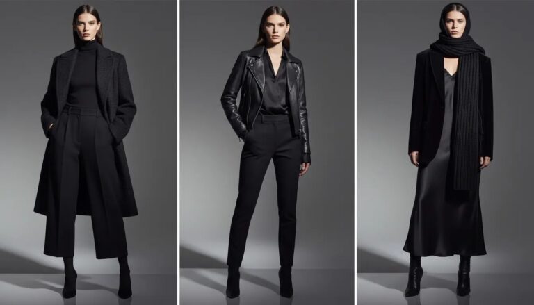 Three models in intentional all-black outfits highlighting tonal variation, contrasting textures (leather, satin, velvet, knit) and deliberate proportions.