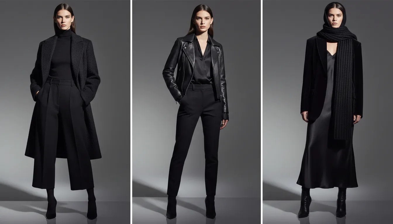 Three models in intentional all-black outfits highlighting tonal variation, contrasting textures (leather, satin, velvet, knit) and deliberate proportions.