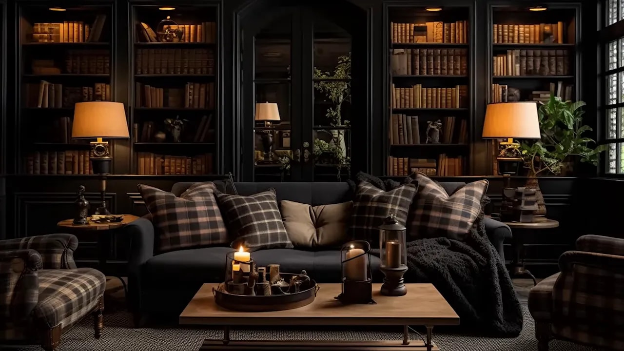 dark study with bookshelf-lined walls, a sofa with plaid cushions, coffee table with candles and warm table lamps