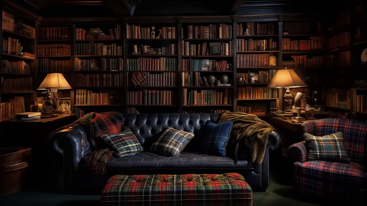 Moody library with leather sofa, plaid cushions and a tartan ottoman