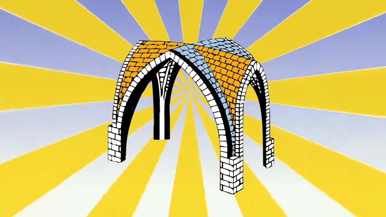 Diagram of a ribbed vault showing intersecting vaulted ribs and masonry infill