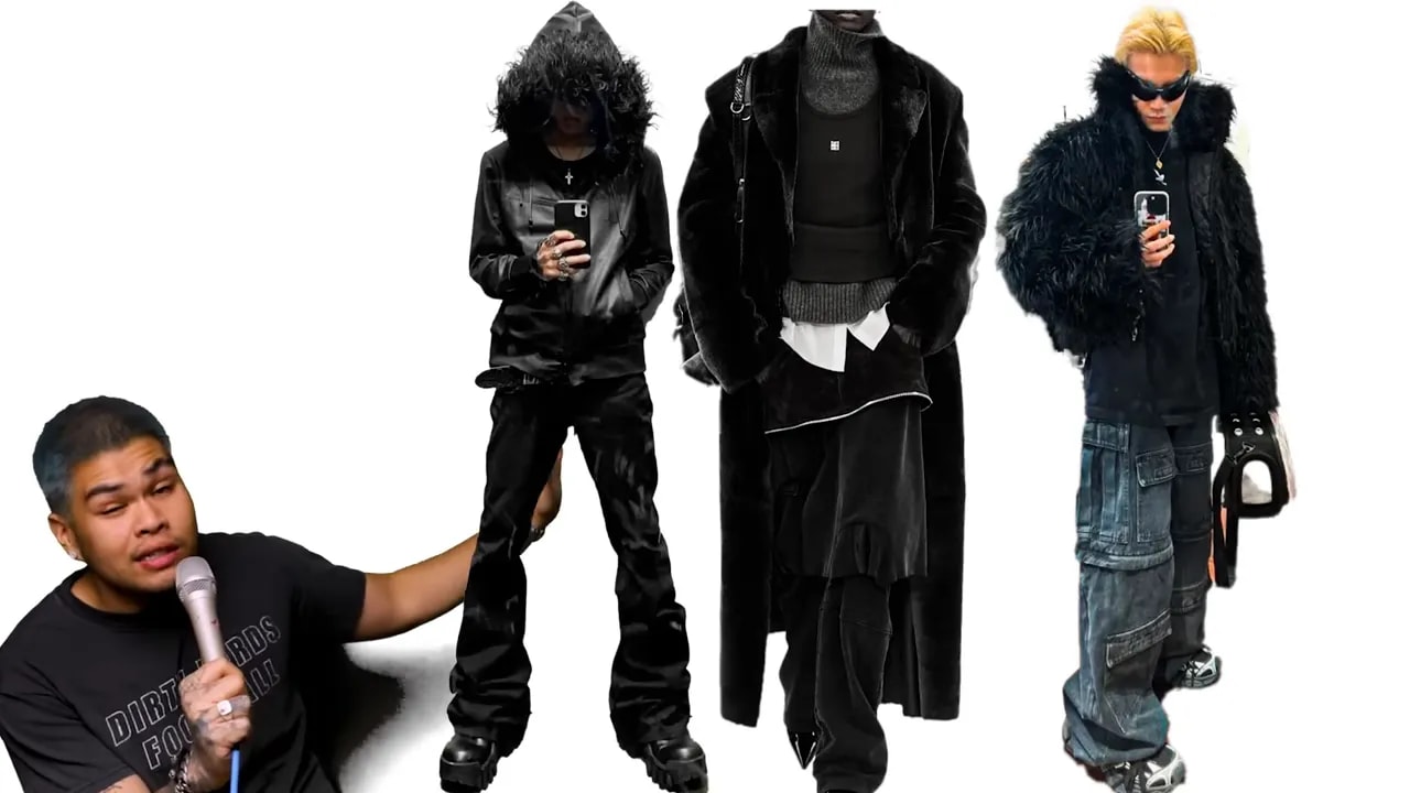 Three fashion models on a white background wearing very different all‑black outfits that highlight texture and silhouette (fur/feather, layered velvet/coat, and cargo/streetwear), presenter cropped at the corner.