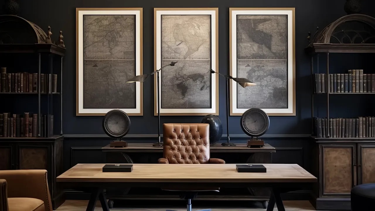 Home study with three framed antique maps over a wooden desk, leather chair, globes and bookcases