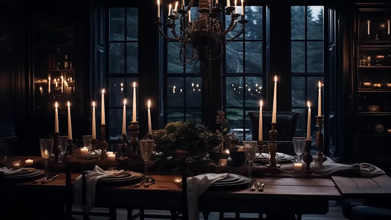Wide view of a candlelit dining table with multiple tall taper candles and dark windows behind