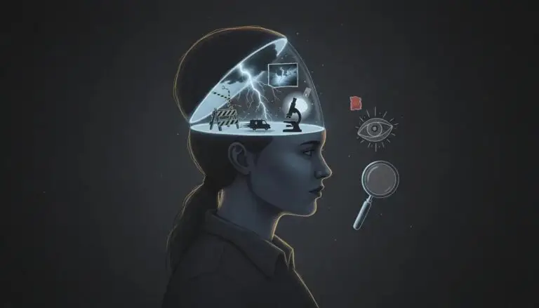 Surreal illustration of a person with an open head revealing tiny symbolic vignettes—crime-scene outline, storm clouds, microscope, ambulance and magnifying glass—representing morbid curiosity