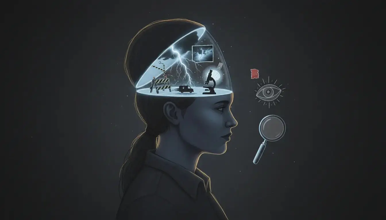 Surreal illustration of a person with an open head revealing tiny symbolic vignettes—crime-scene outline, storm clouds, microscope, ambulance and magnifying glass—representing morbid curiosity