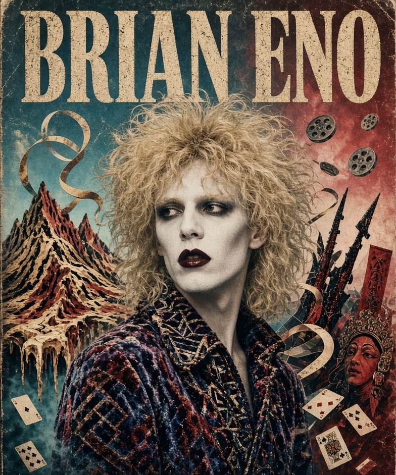 Brian Eno in an early glam-era portrait with teased blond hair, dramatic makeup, and patterned clothing, surrounded by surreal vintage collage imagery.