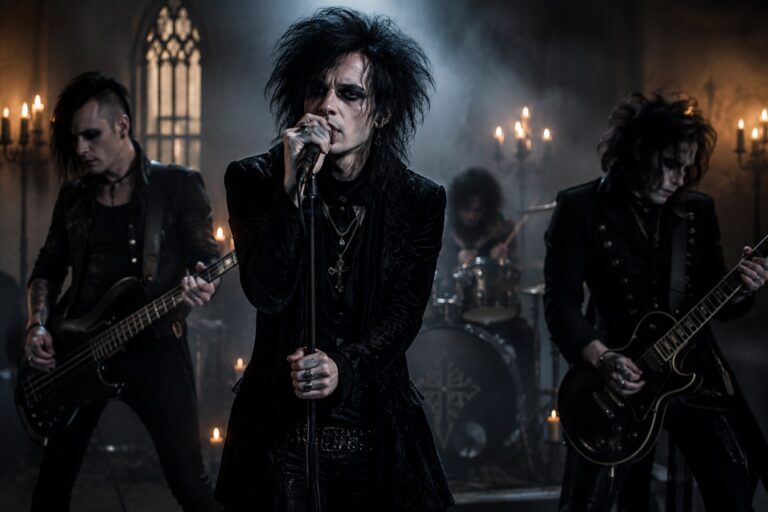 Gothic rock band performing in a dark, cathedral-like venue, with a black-clad vocalist, guitarist, bassist, and drummer surrounded by candlelight and atmospheric smoke.