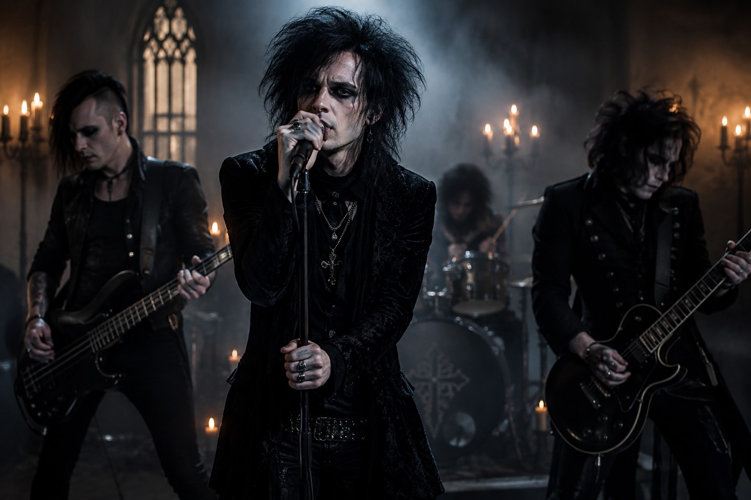 Gothic rock band performing in a dark, cathedral-like venue, with a black-clad vocalist, guitarist, bassist, and drummer surrounded by candlelight and atmospheric smoke.