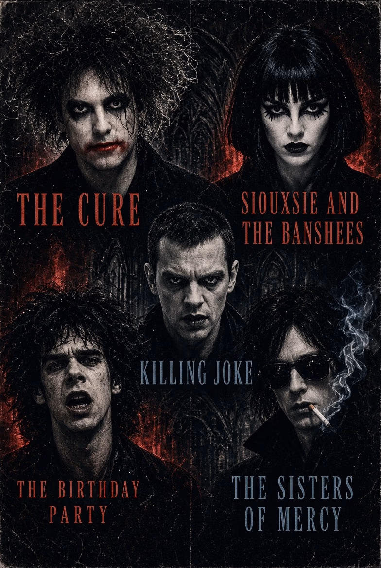Gothic rock montage featuring members associated with The Cure, Siouxsie and the Banshees, Killing Joke, The Birthday Party, and The Sisters of Mercy against a dark, cathedral-inspired background.