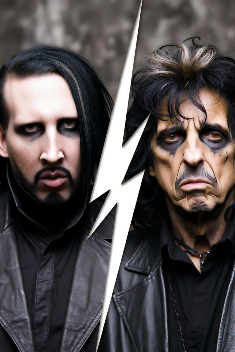 Split portrait of two shock rock performers, Marilyn Manson and Alice Cooper, in dark clothing and dramatic black makeup, separated by a jagged white lightning-bolt graphic.
