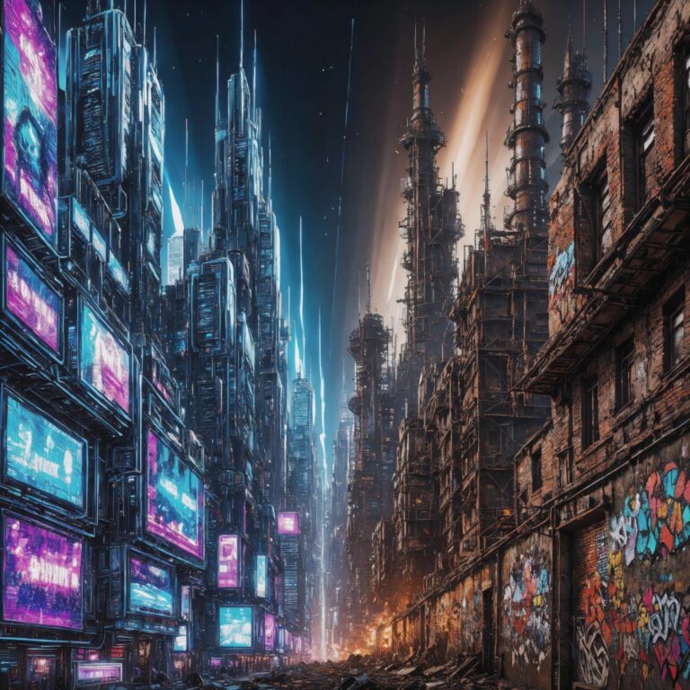 A dystopian cyberpunk cityscape divided into two contrasting halves: one illuminated by blue and purple neon screens and futuristic skyscrapers, the other dominated by decaying industrial buildings, graffiti, and rusted infrastructure.