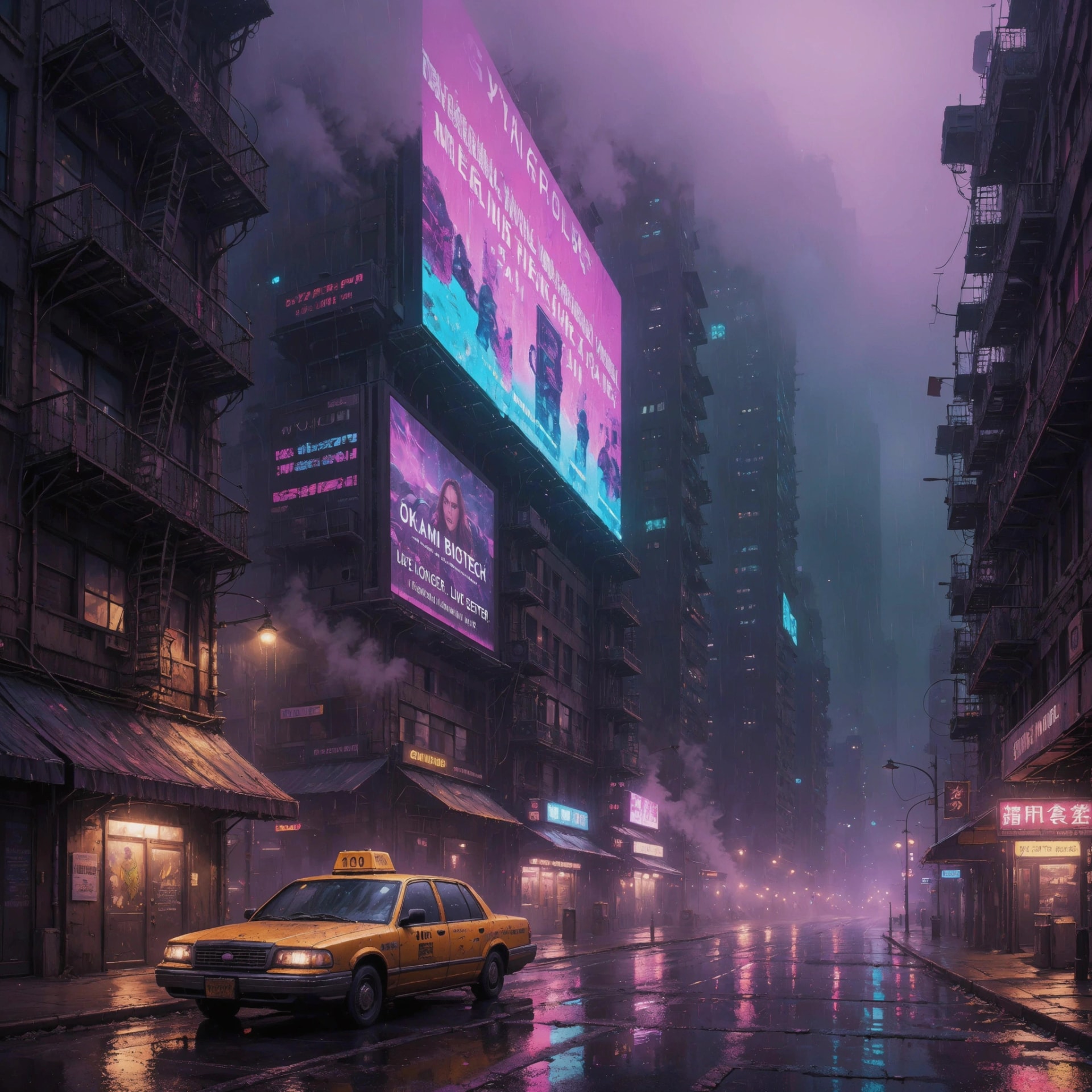 A yellow 1990s-style taxi sits on a rain-soaked city street surrounded by towering industrial buildings, glowing neon billboards, steam, and purple fog in a dystopian cyberpunk setting.